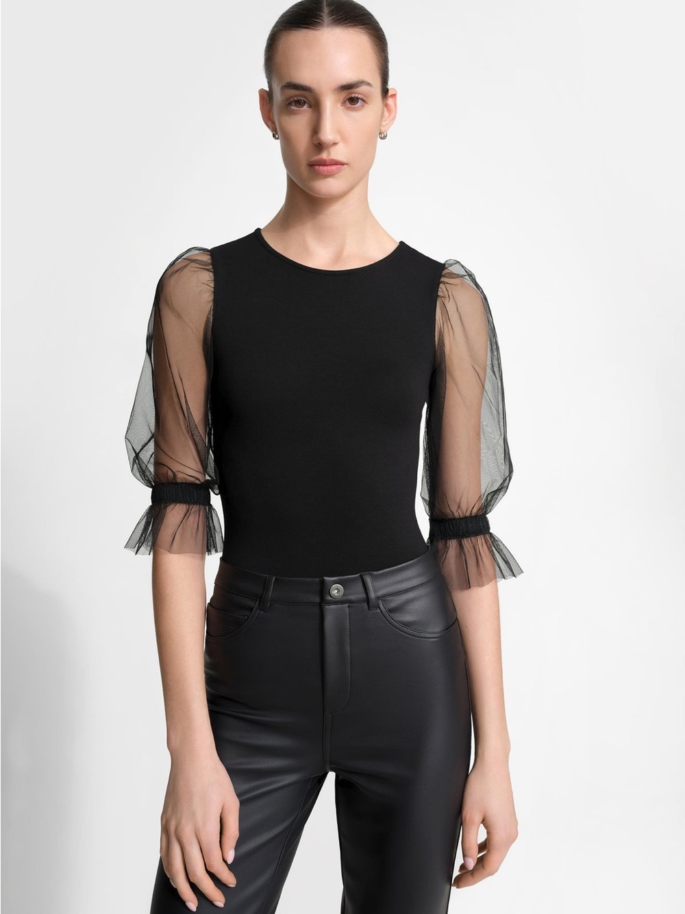 Marcella NYC Bellerose Bodysuit Sheer Puff-Sleeve Black Top Women’s Size S NWT